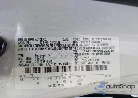 2013 Ford Focus Se из США, поврежденный, VIN 1FADP3K22DL223759